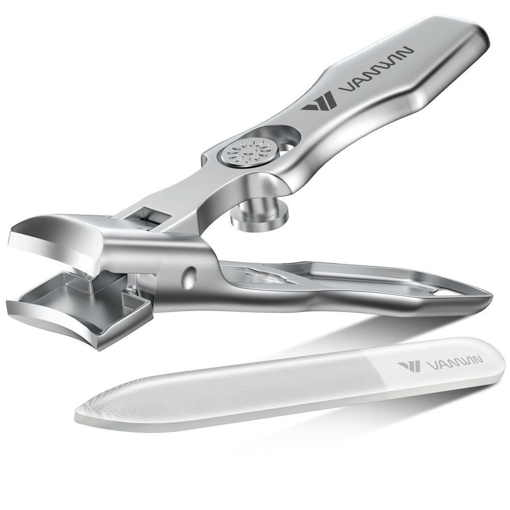 VANWIN toenail clippers with wide jaw for thick nails, precise trimming.
