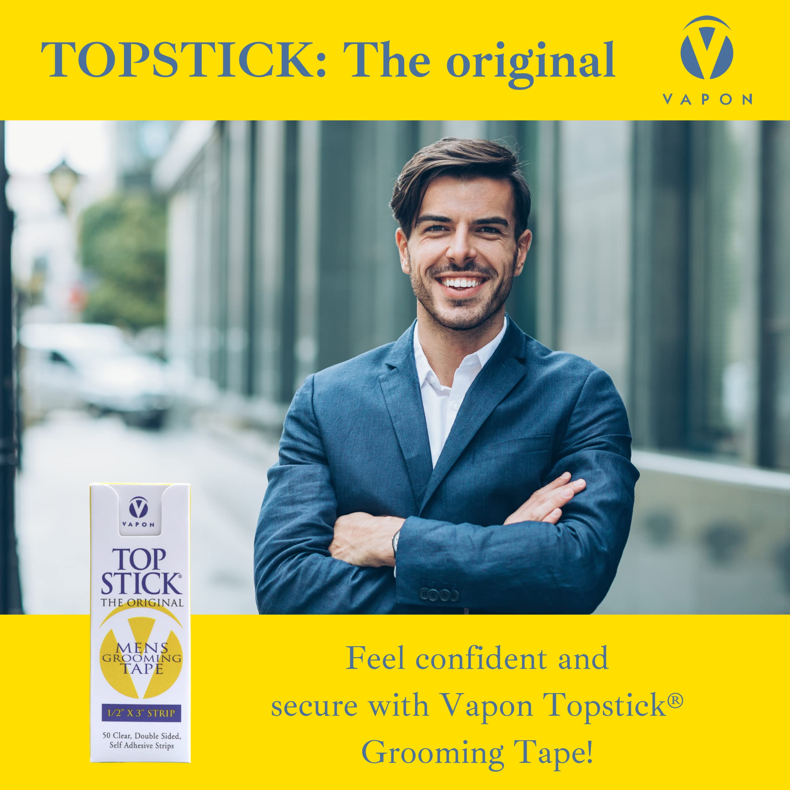 Vapon Topstick men's grooming tape used for a confident, natural look.