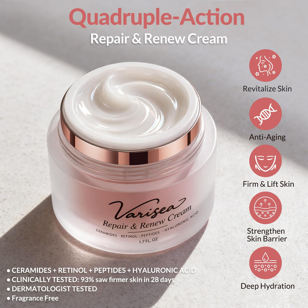 Varisea crema antienvejecimiento, textura cremosa y suave, ofrece hidratacion duradera para la piel.
