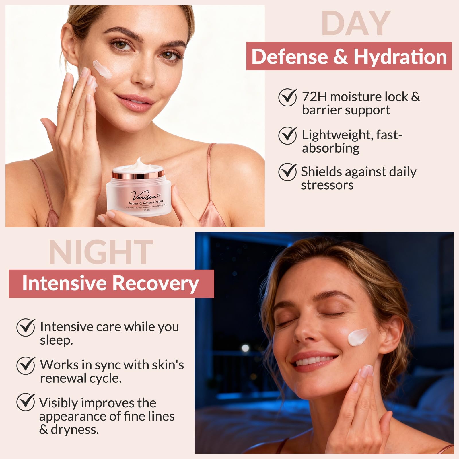Varisea retinol y ceramidas, enfoque en elasticidad para una piel más firme.