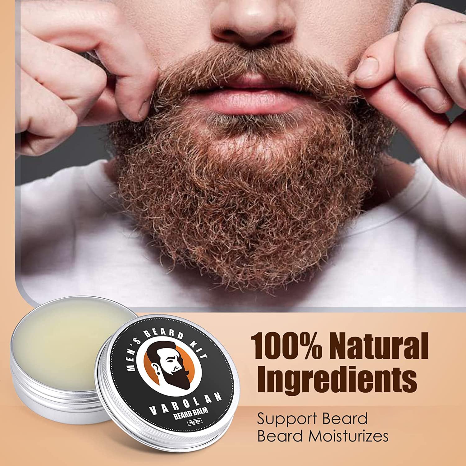 Varolan beard balm tin smooths and adds natural shine for a fuller look.