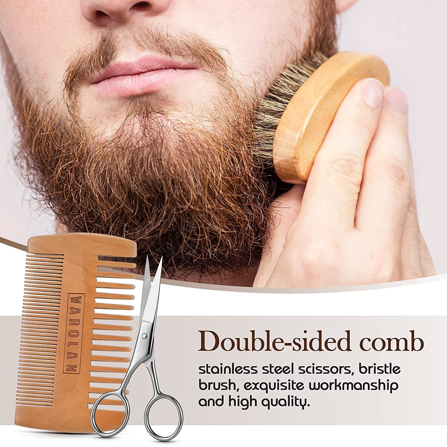 Varolan wooden comb and brush set detangles beard without irritation.