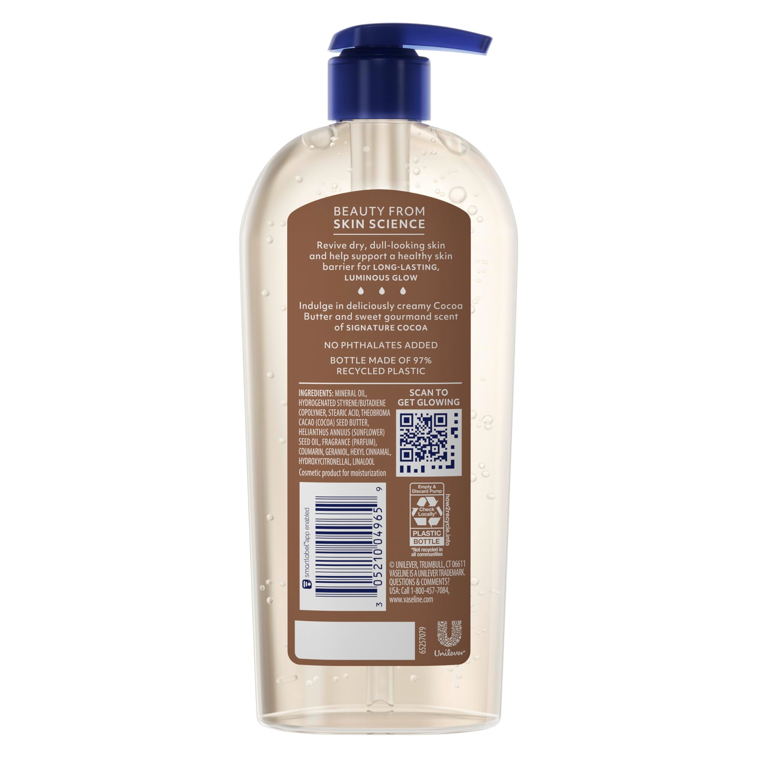Vaseline Manteca de cacao puro, textura rica que nutre piel seca con hidratación profunda.