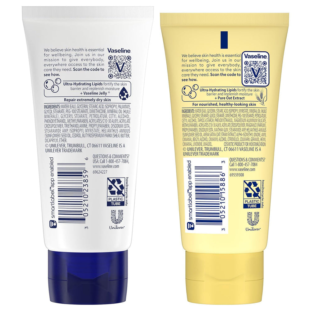 Close-up of the Vaseline Advanced Repair Unscented Lotion 2-pack label for fragrance-free care.