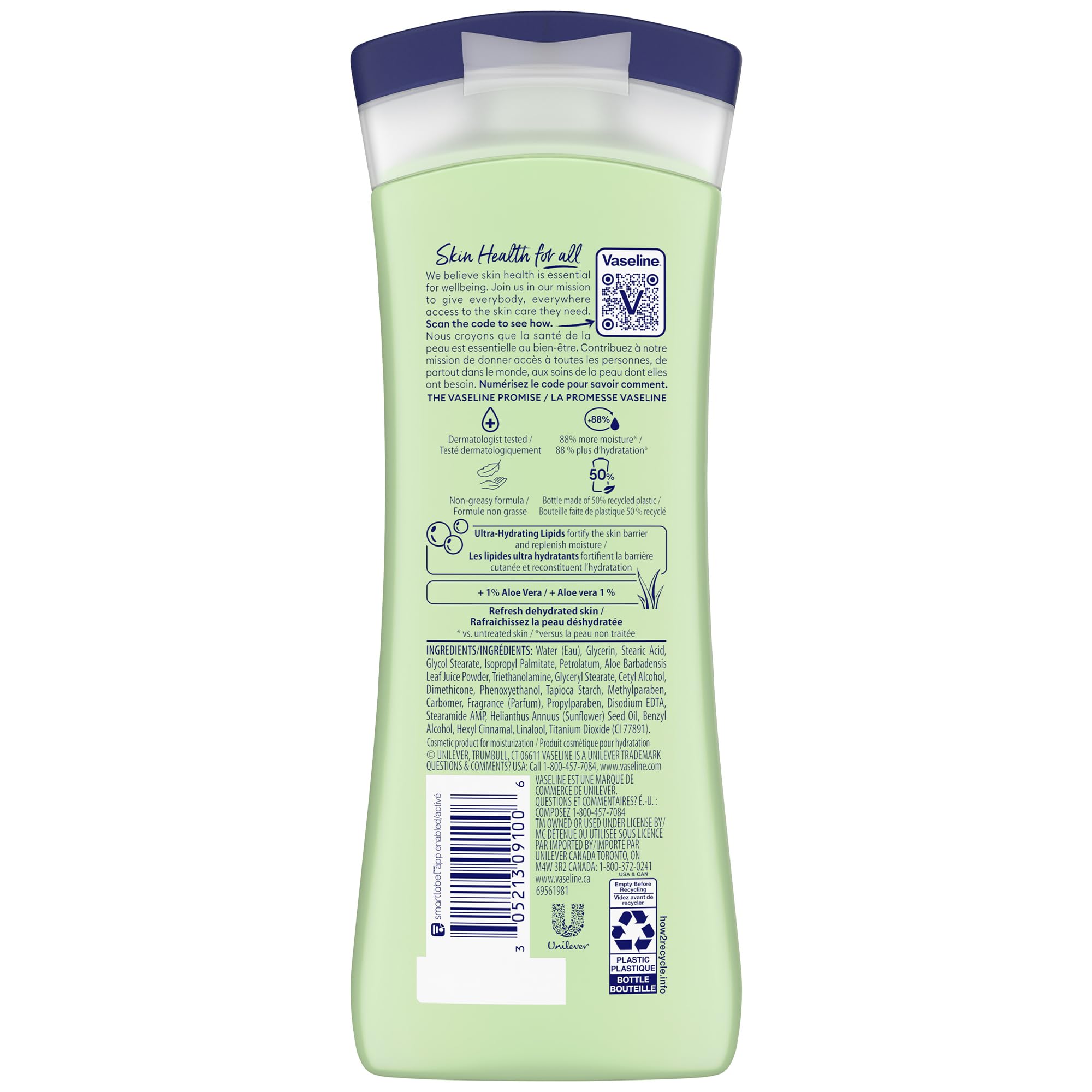 Vaseline Aloe hidratación intensiva, absorción rápida para pieles secas sin grasa.
