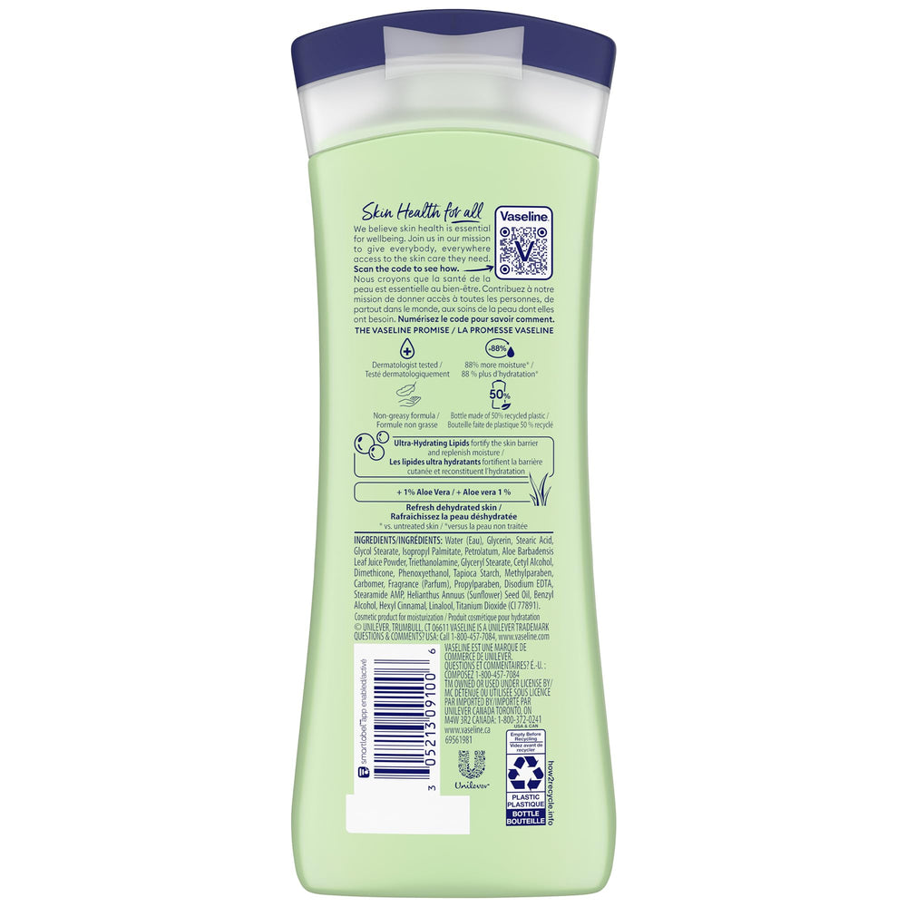 Vaseline Aloe hidratación intensiva, absorción rápida para pieles secas sin grasa.