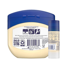 Barra brillo cacao Vaseline, tamaño compacto para uso rápido.