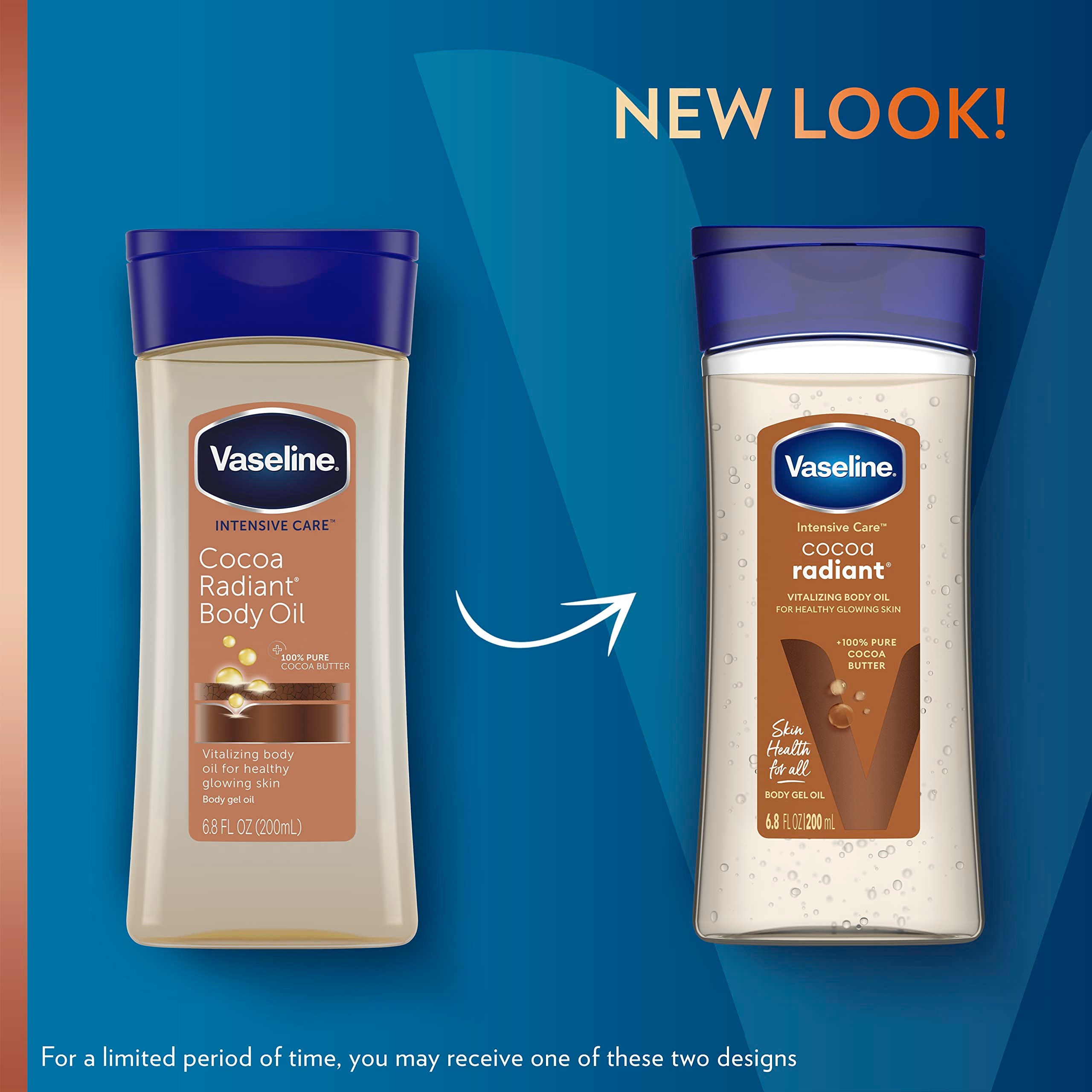 Vaseline Cocoa Radiant etiqueta frontal destaca cacao y aceites nutritivos para la piel