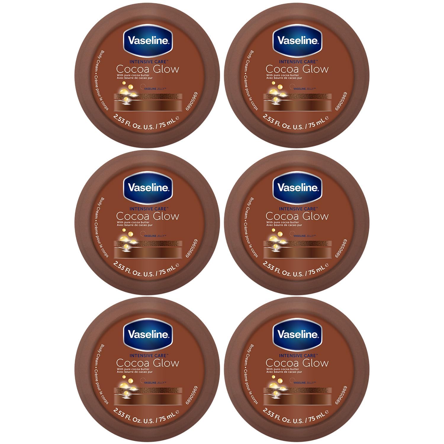 Paquete de seis cremas corporales Vaseline Cocoa Glow para hidratación suave.