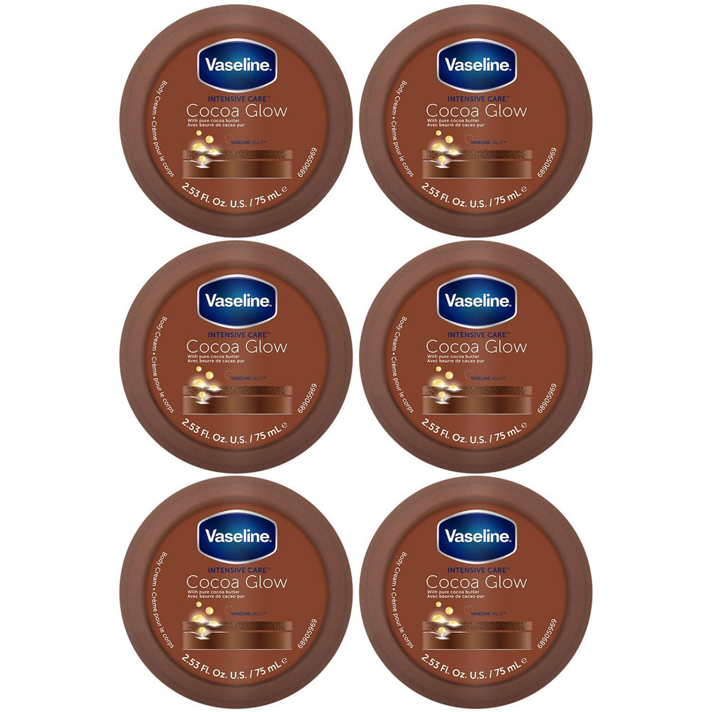Paquete de seis cremas corporales Vaseline Cocoa Glow para hidratación suave.