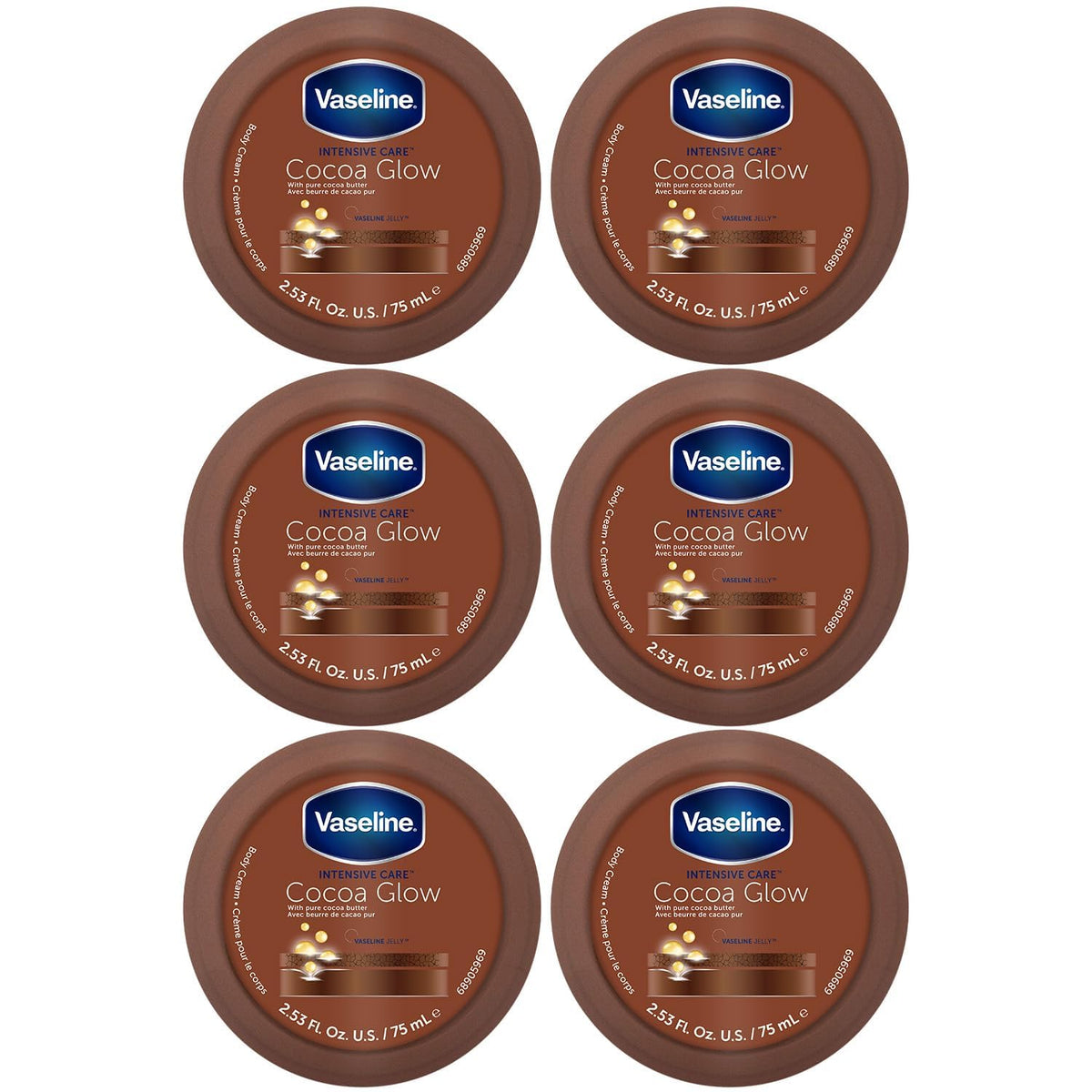 Paquete de seis cremas corporales Vaseline Cocoa Glow para hidratación suave.
