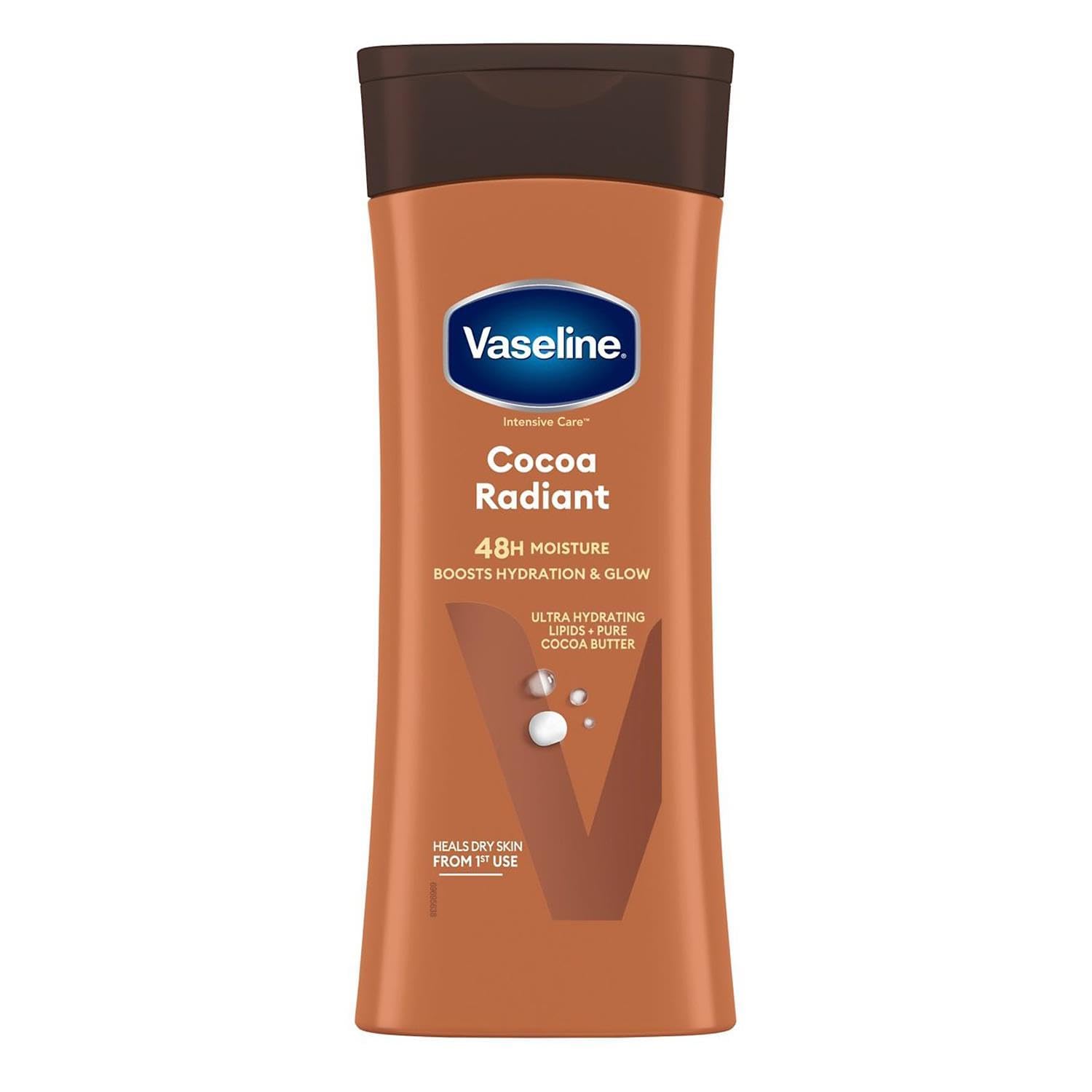 Vaseline Cocoa Radiant botella de loción para hidratación suave de piel seca