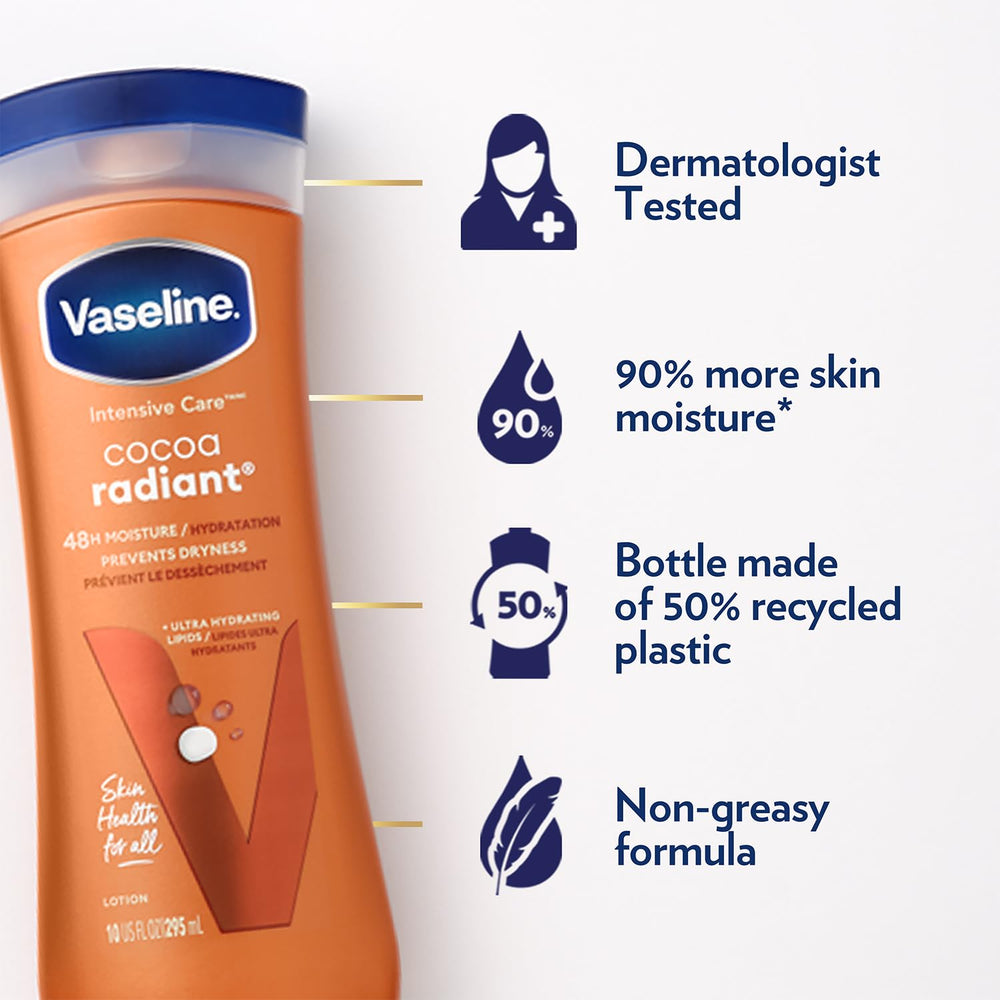 Vaseline Cocoa Radiant Lotion texture close-up showing silky, non-greasy hydration.
