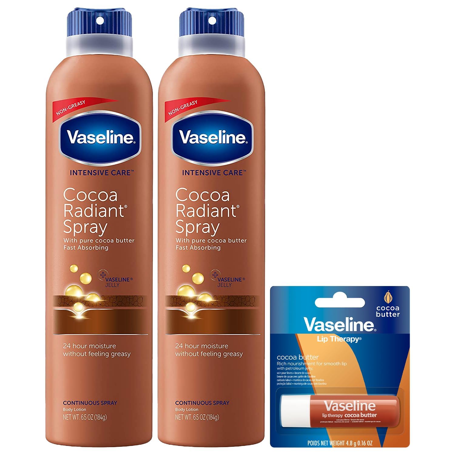 Frasco de Vaseline Cocoa Radiant Spray para piel seca, aplicación rápida.