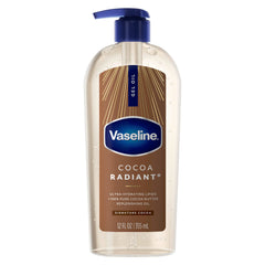 Vaseline Cuidado Intensivo Manteca de cacao Radiante, botella vertida, hidratación suave y brillo natural.
