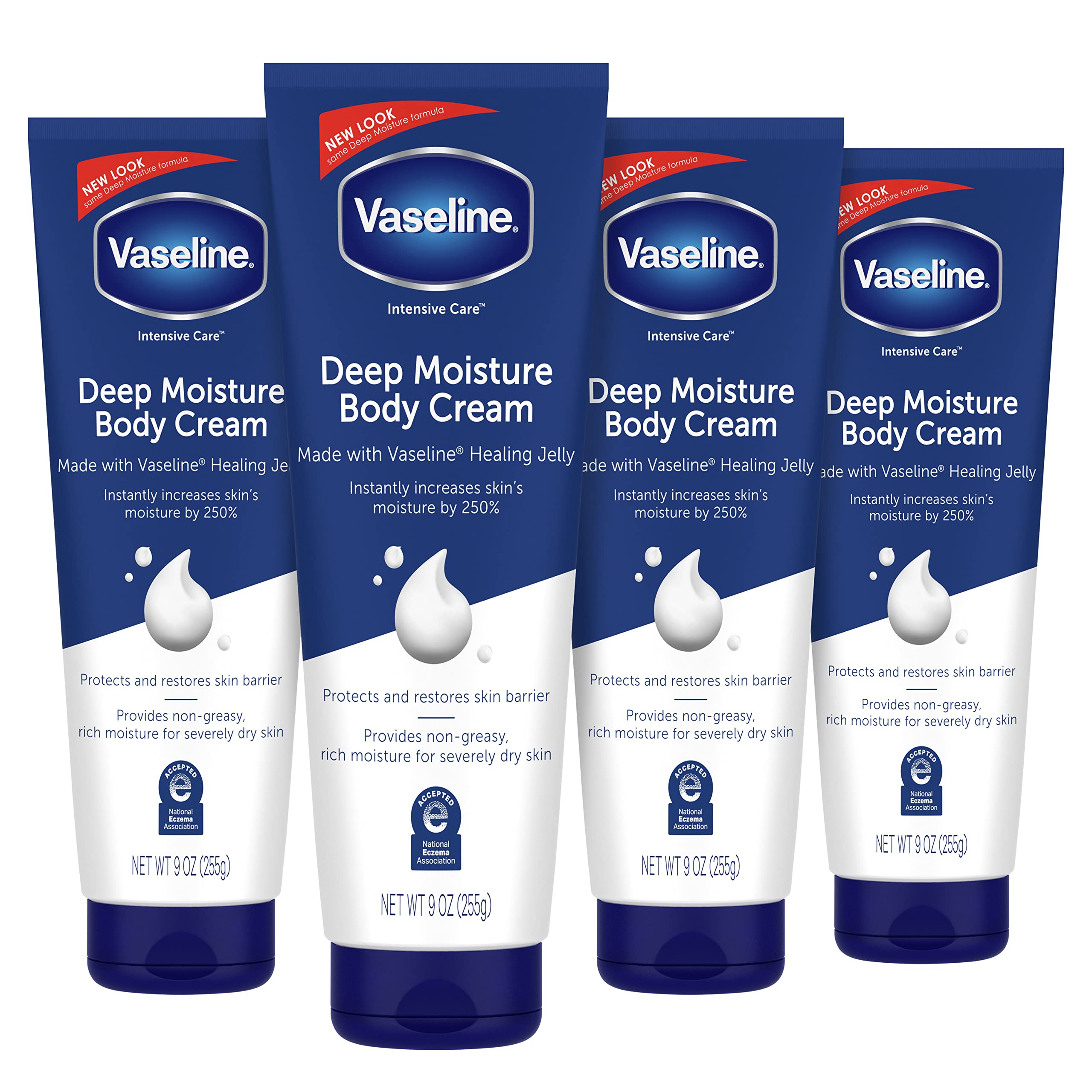 Vaseline Deep Moisture Cream bottles provide everyday hydration for dry skin.