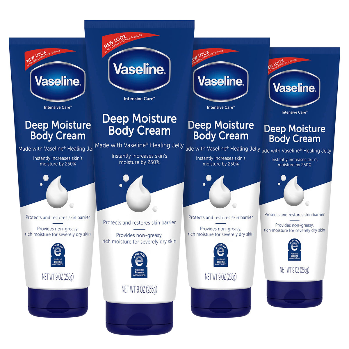 Vaseline Deep Moisture Cream bottles provide everyday hydration for dry skin.