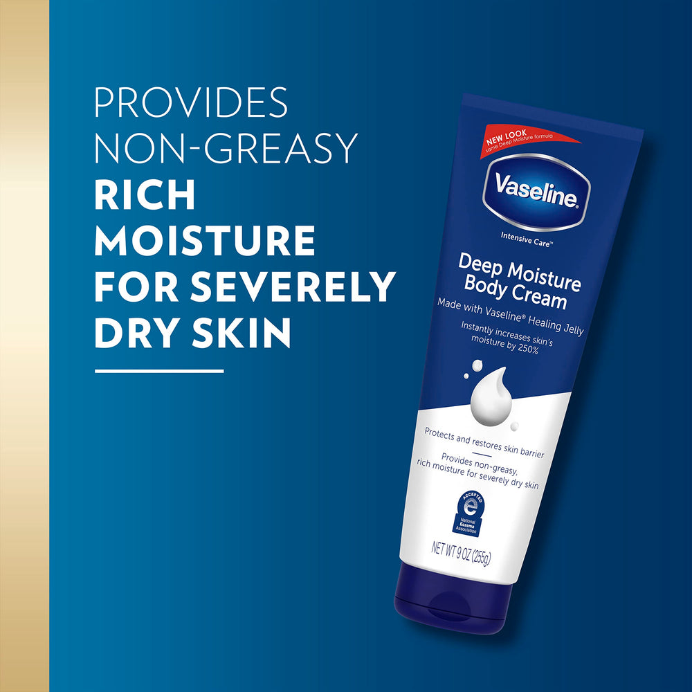 Hands applying Vaseline Deep Moisture Cream for dry skin relief.