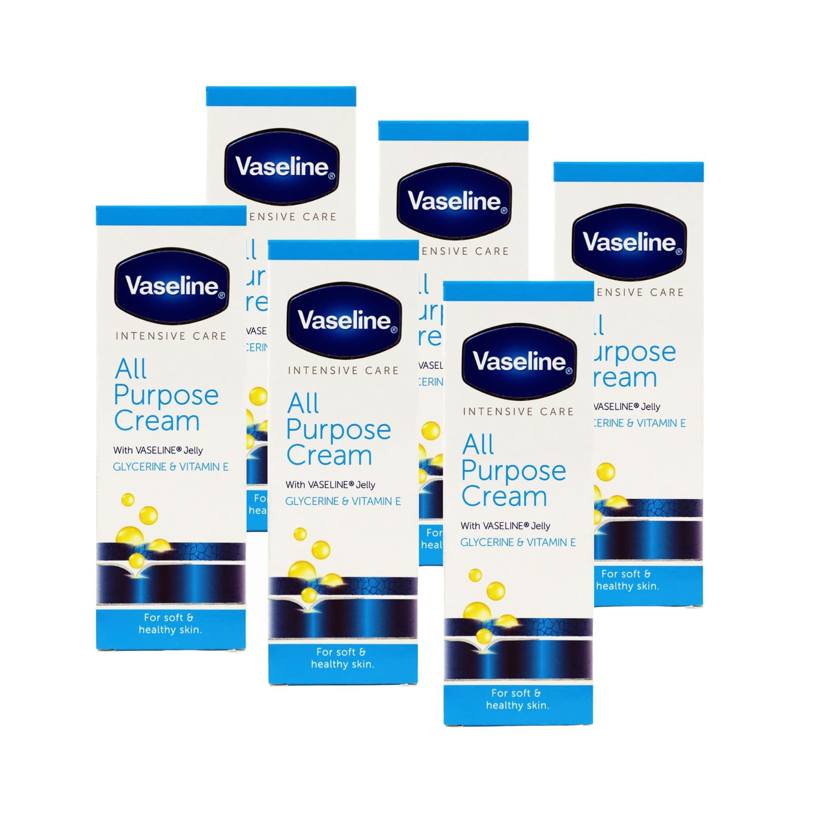 Vaseline Intensive Care All Purpose Cream packaging with six tubes for everyday hydration.