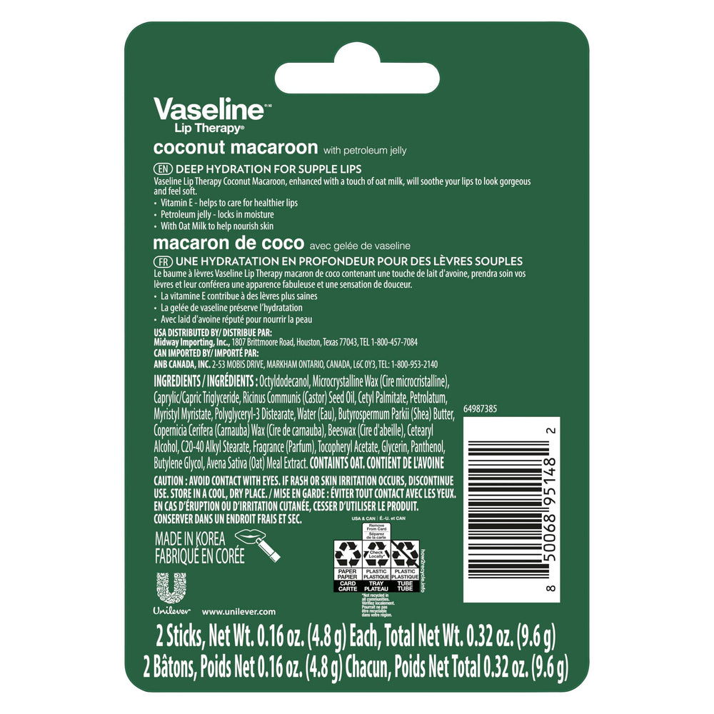Vaseline Lip Therapy Holiday Coconut Macaroon stick closed for travel use