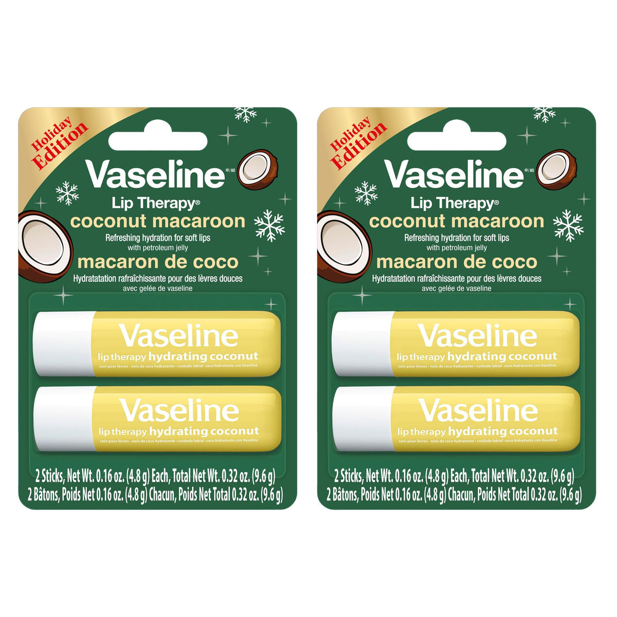 Vaseline Lip Therapy Holiday Coconut Macaroon stick front view for on-the-go hydration
