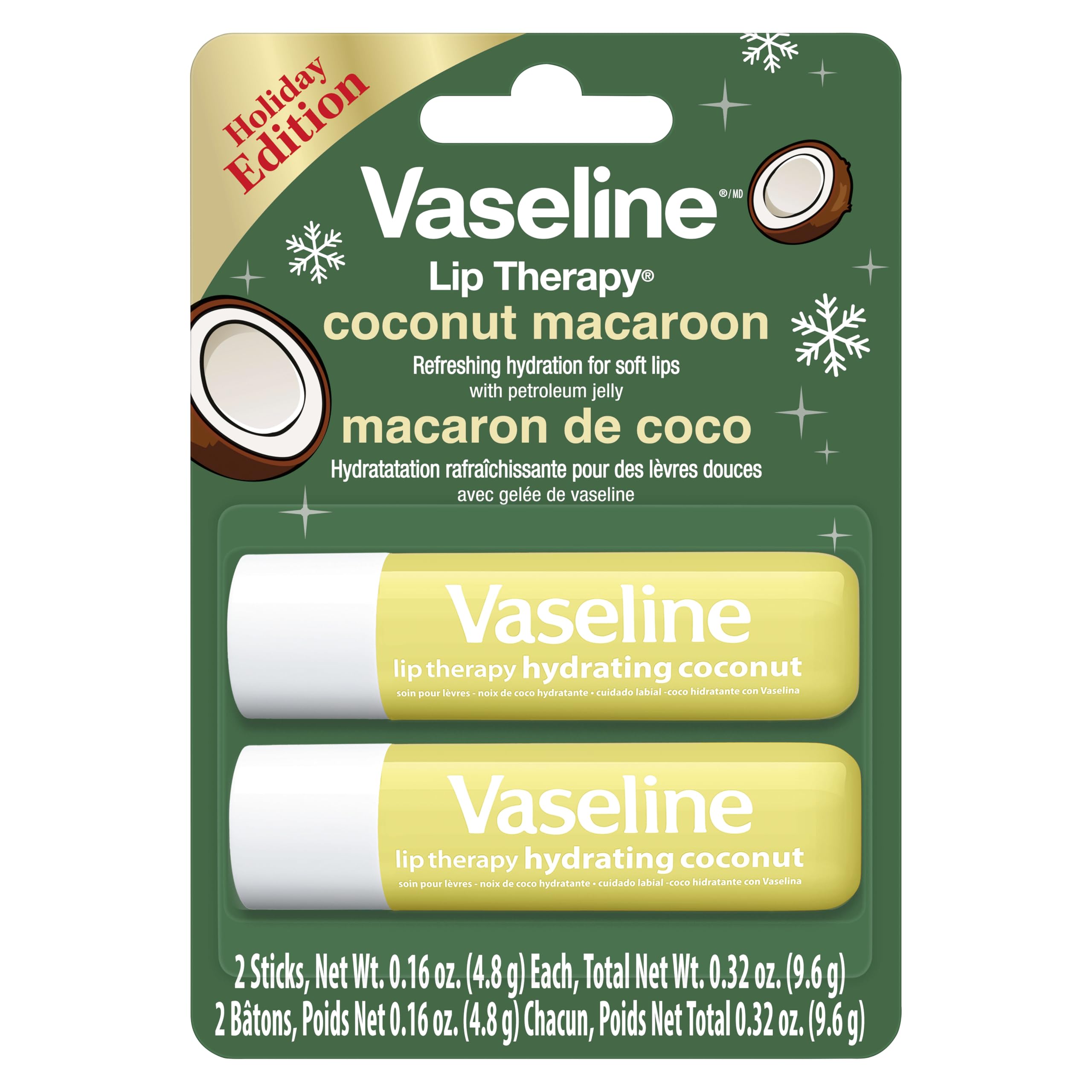 Vaseline Lip Therapy Holiday Coconut Macaroon twin-pack compact design for purse or desk