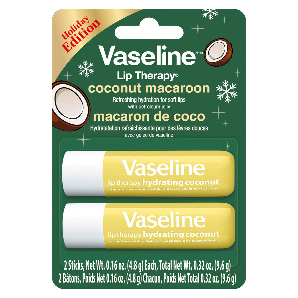 Vaseline Lip Therapy Holiday Coconut Macaroon twin-pack compact design for purse or desk