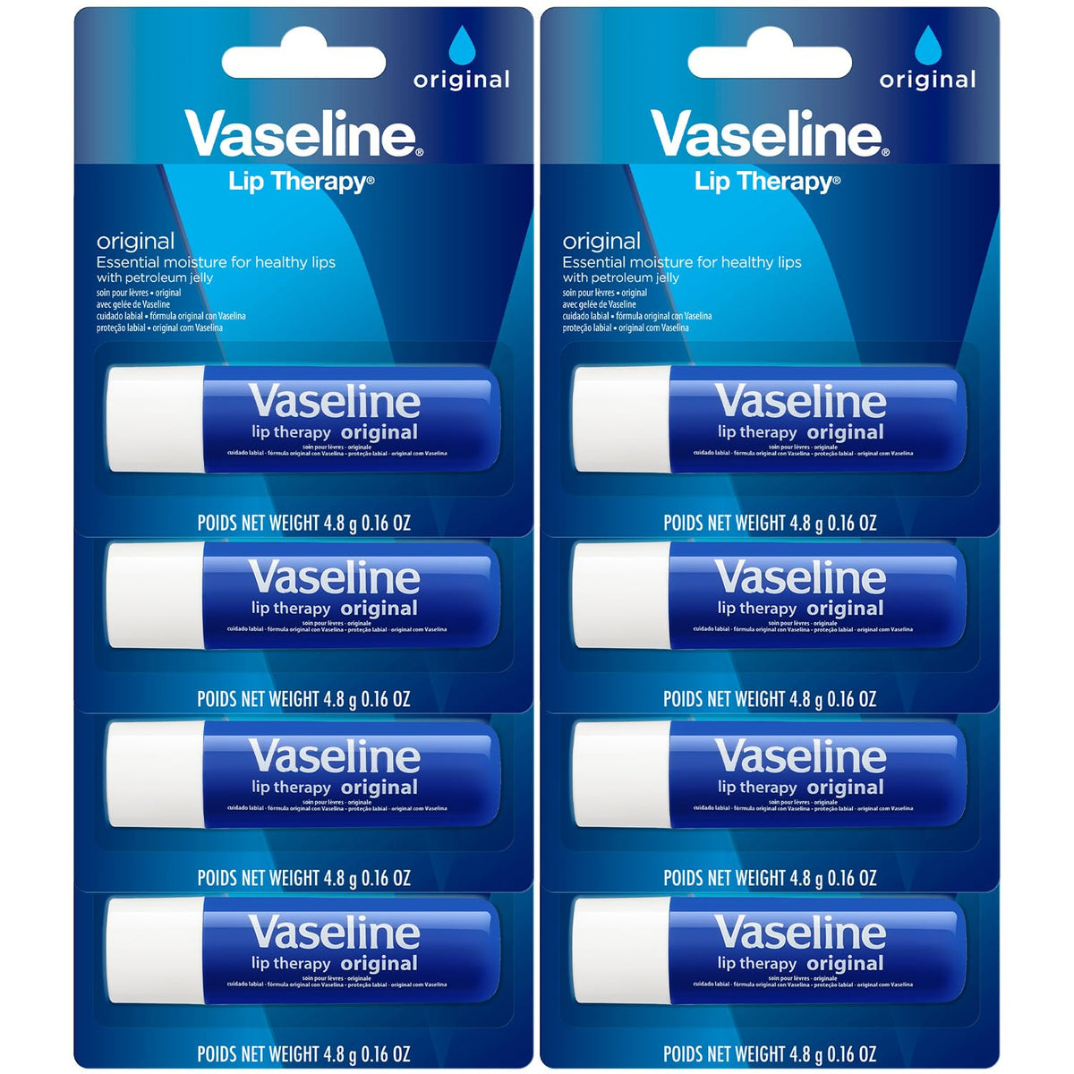 Vaseline Lip Therapy Original 8-Pack, alivio suave para labios resecos durante el día