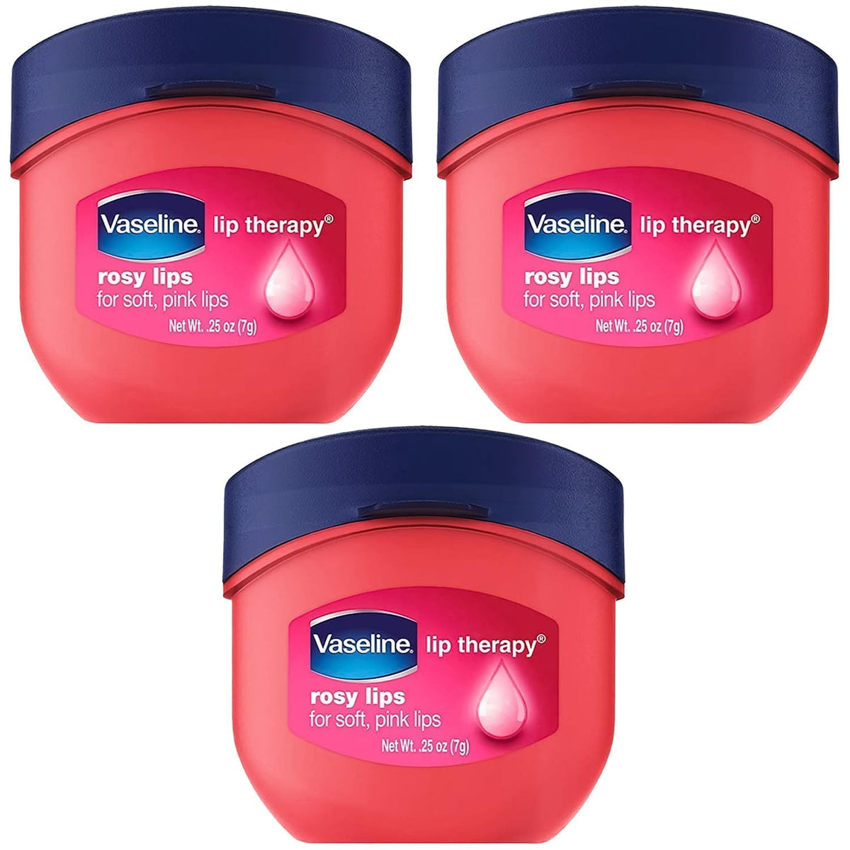 Vaseline Lip Therapy Rosy Lips mini jar front view with subtle pink tint for daily hydration.
