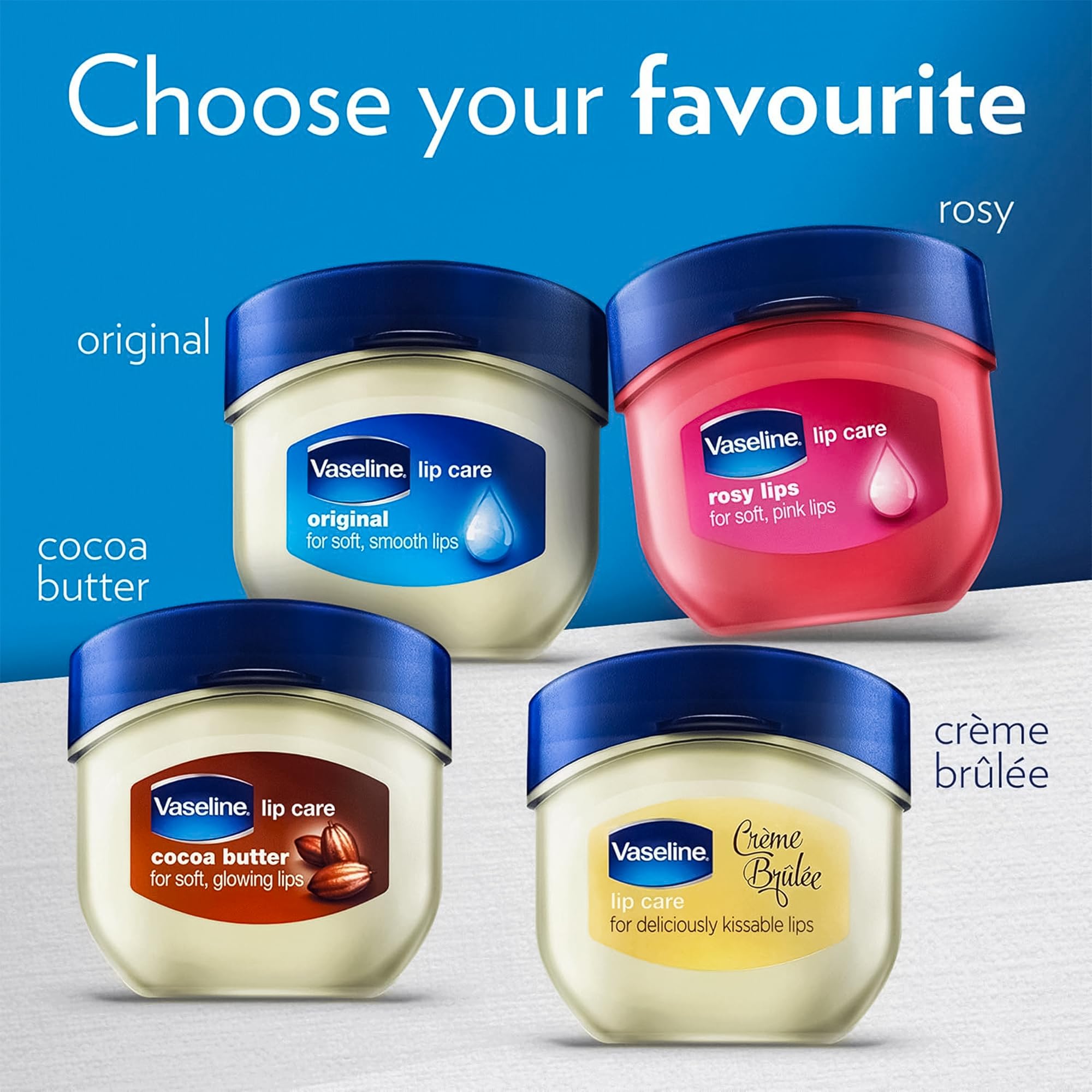 Vaseline Lip Therapy Rosy Lips pocket-ready jars arranged for quick access.