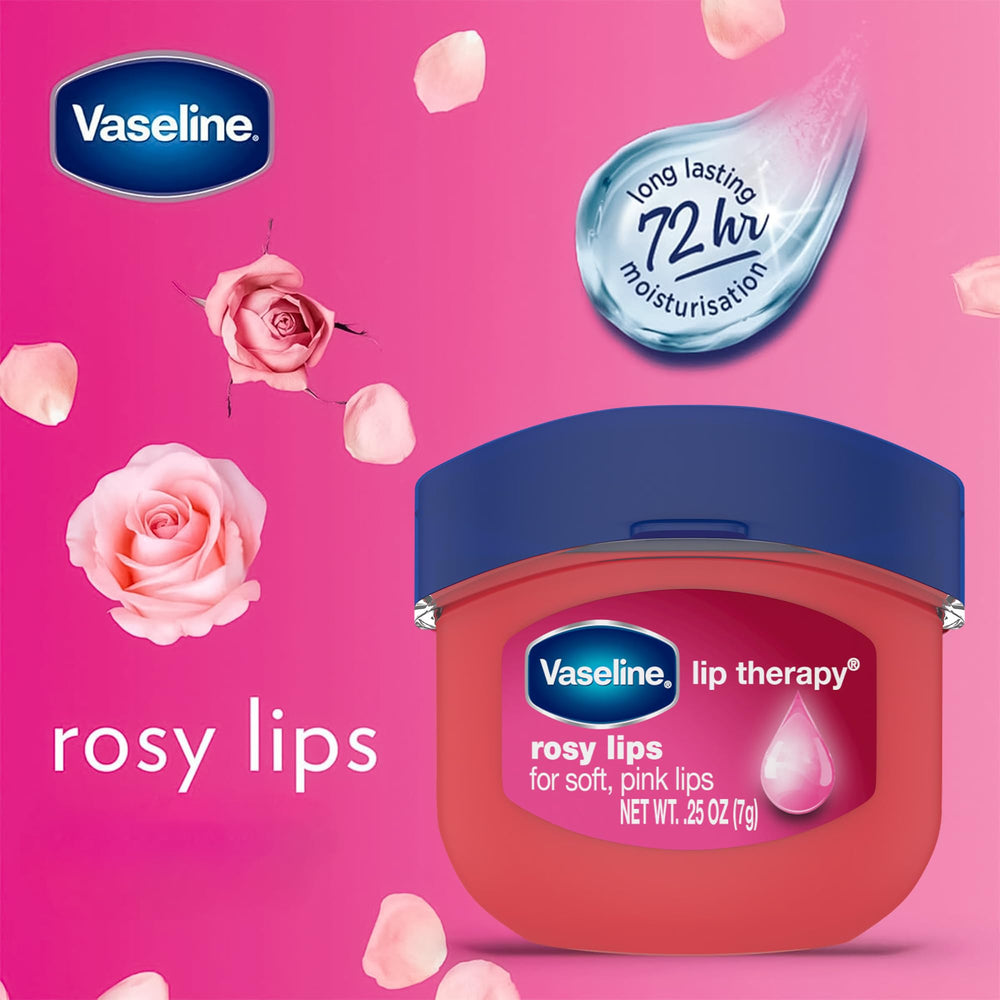 Vaseline Lip Therapy Rosy Lips swatch showing rosy tint and gloss.