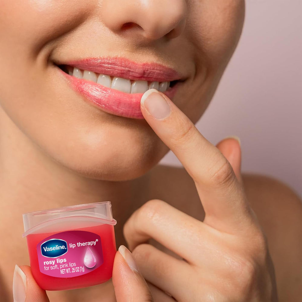 Vaseline Lip Therapy Rosy Lips trio pack laid out for everyday use.