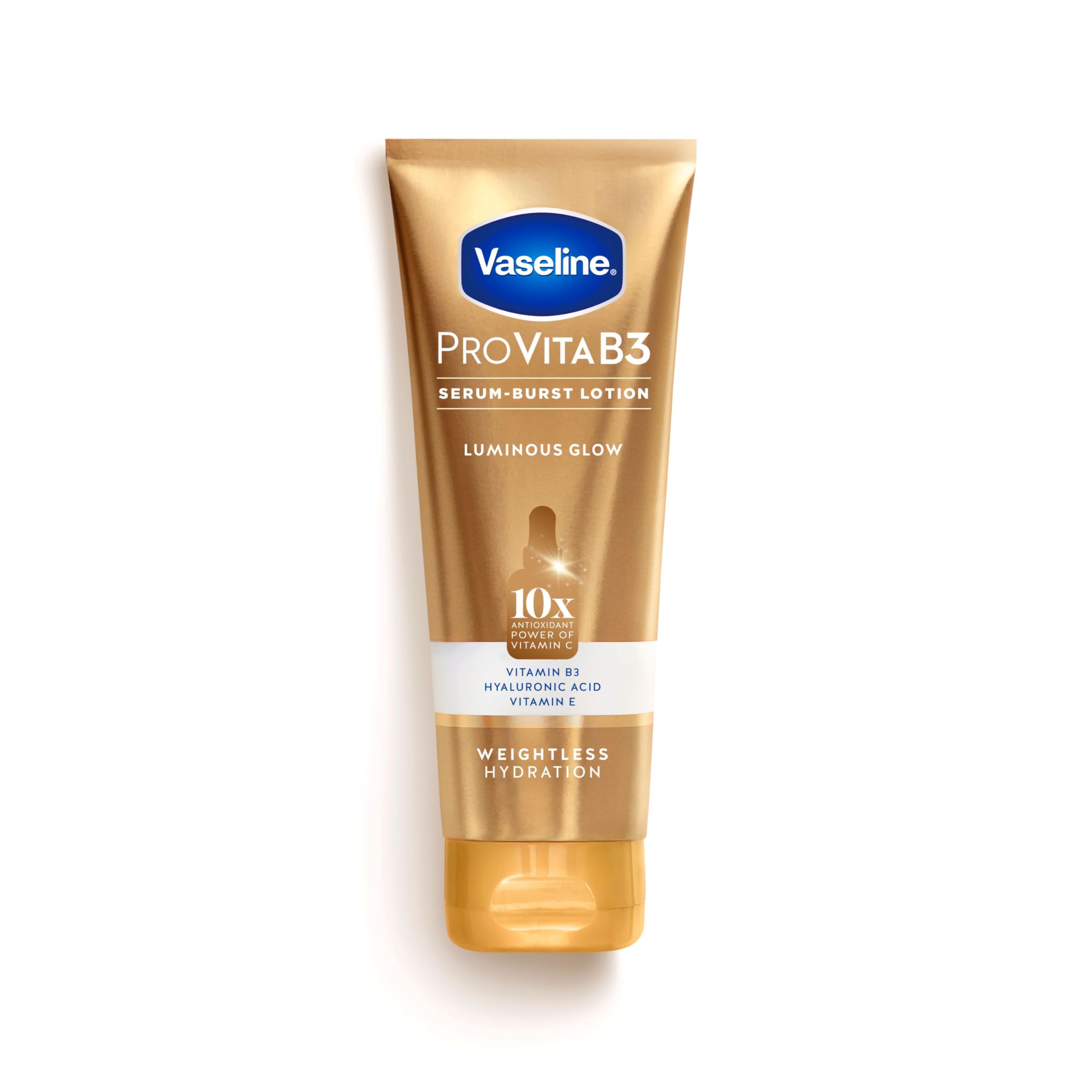 Vaseline Loción Iluminadora, botella visible, brillo suave en la piel.