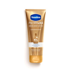 Vaseline Loción Iluminadora, botella visible, brillo suave en la piel.