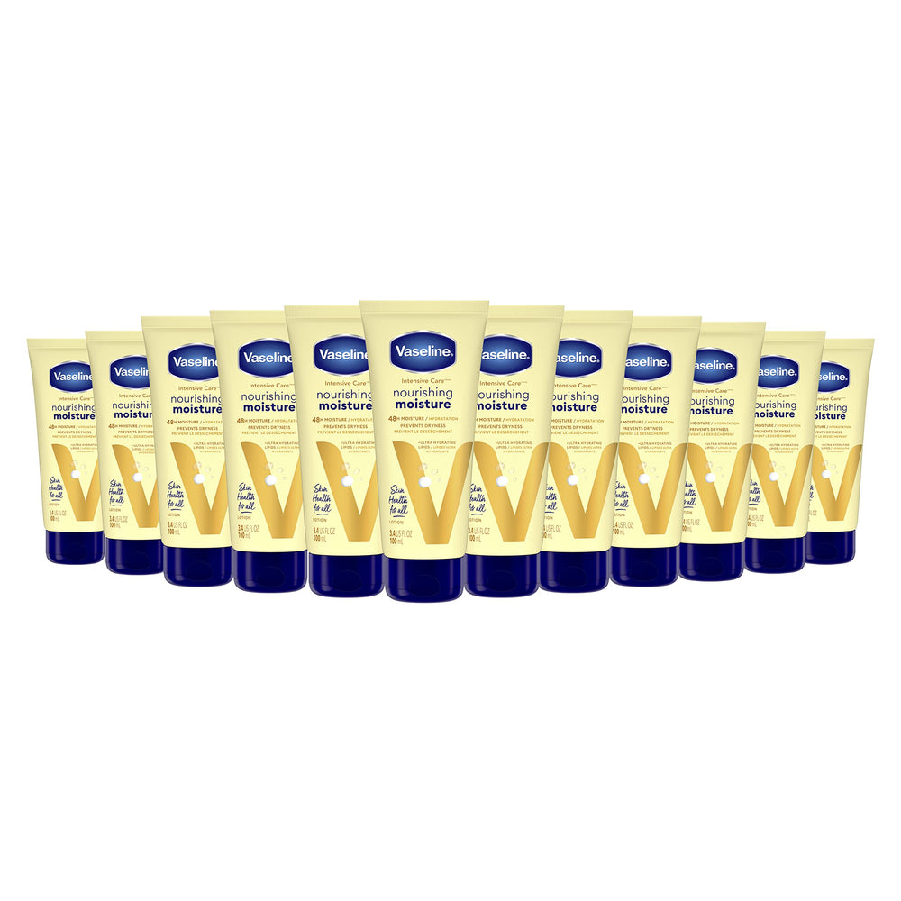 Vaseline Nourishing Moisture lotion bottle showing quick hydration for dry skin
