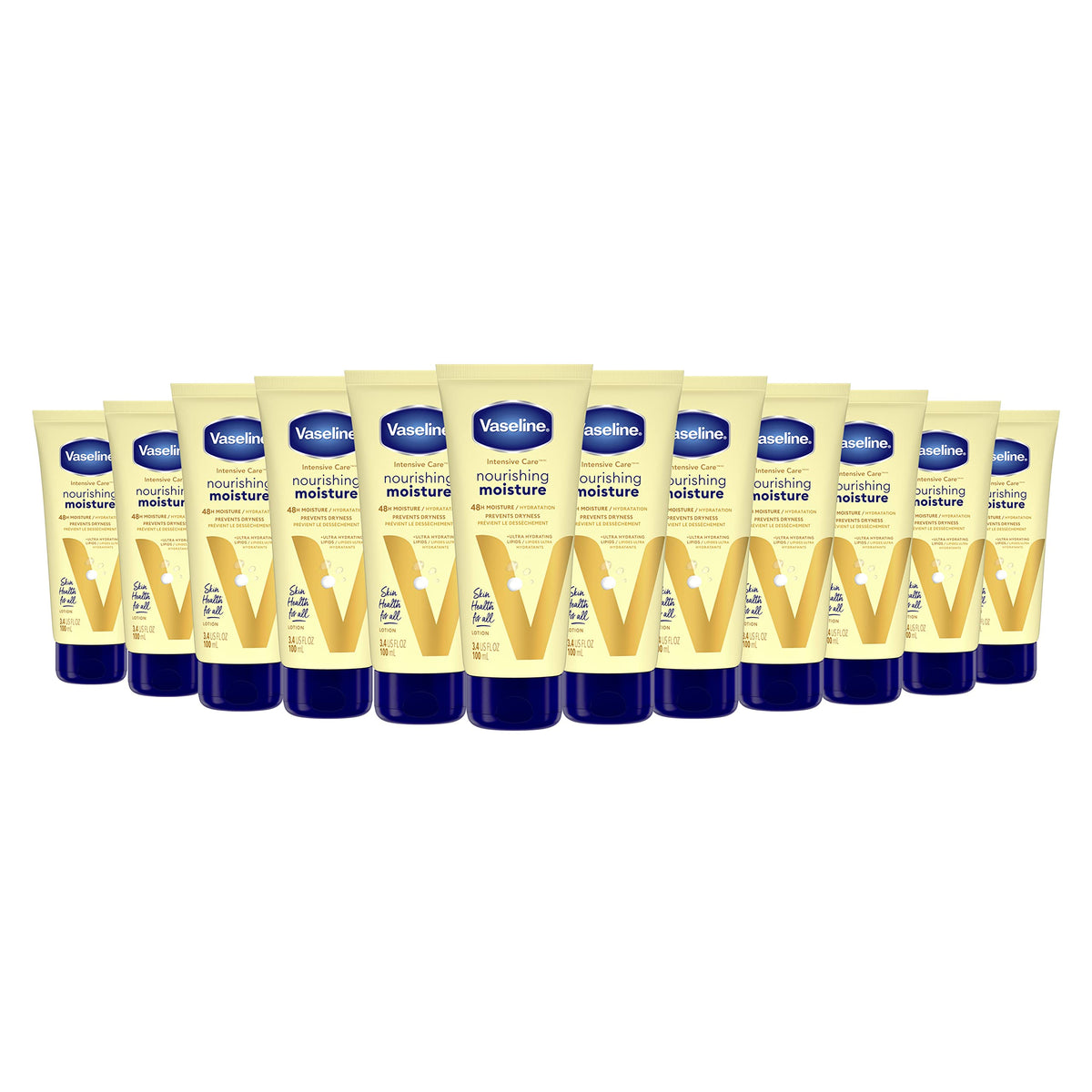 Vaseline Nourishing Moisture lotion bottle showing quick hydration for dry skin