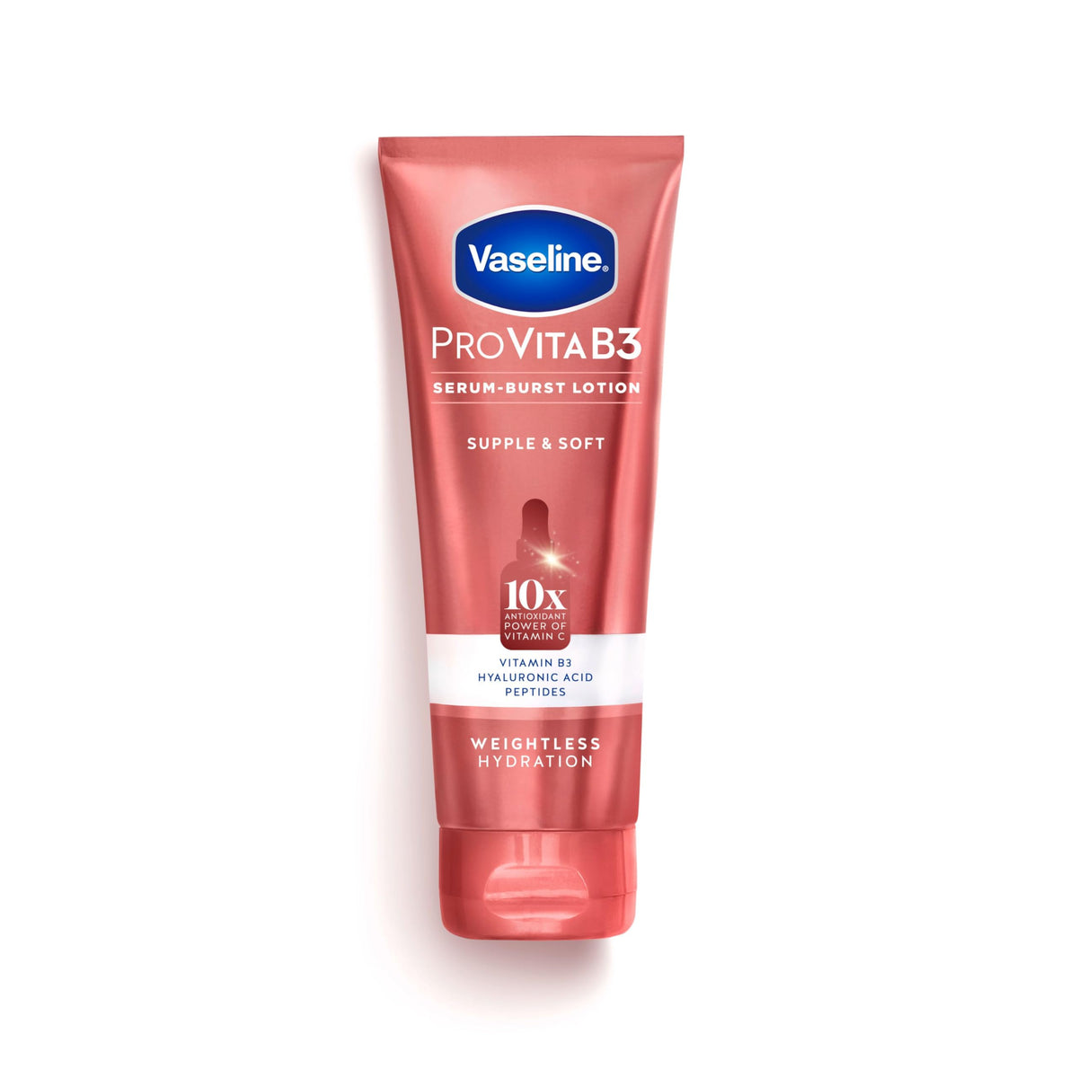 Vaseline Pro VitaB3 Serum Burst Lotion bottle pouring for easy daily hydration.