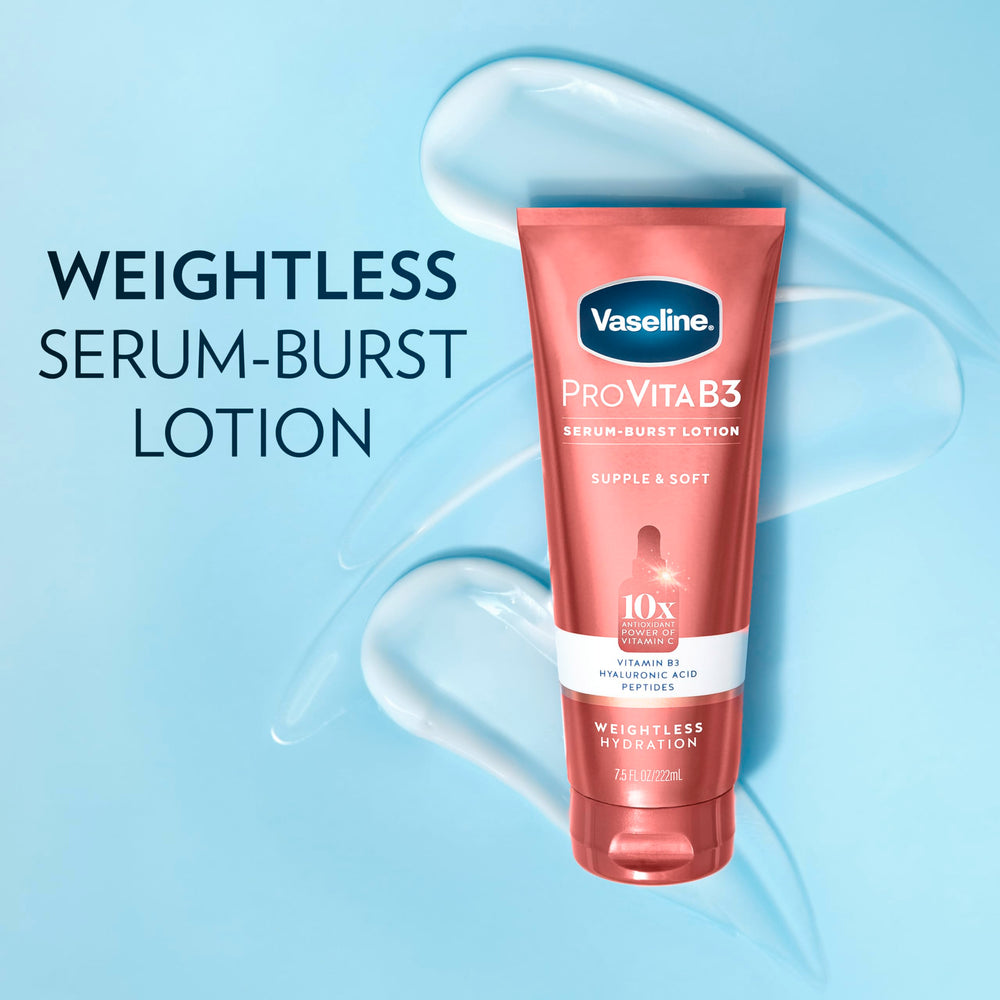 Vaseline Pro VitaB3 Serum Burst Lotion water droplets absorption for quick hydration.