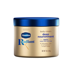 Vaseline Radiant X crema cuerpo, nutrición profunda para piel suave y radiante.