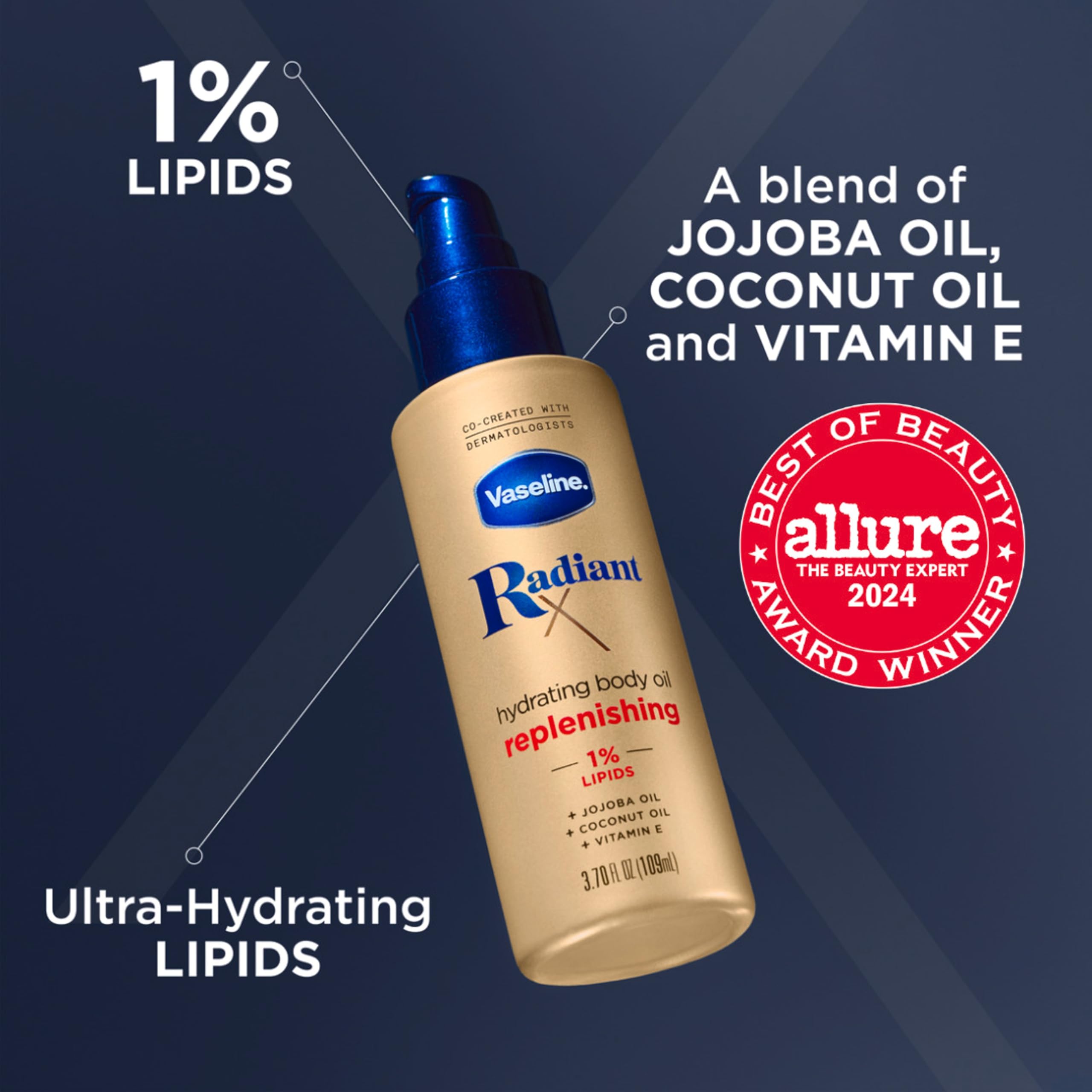 Vaseline Radiant X ingredients close-up featuring jojoba, coconut oil, and vitamin E.