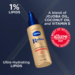 Vaseline Radiant X ingredients close-up featuring jojoba, coconut oil, and vitamin E.