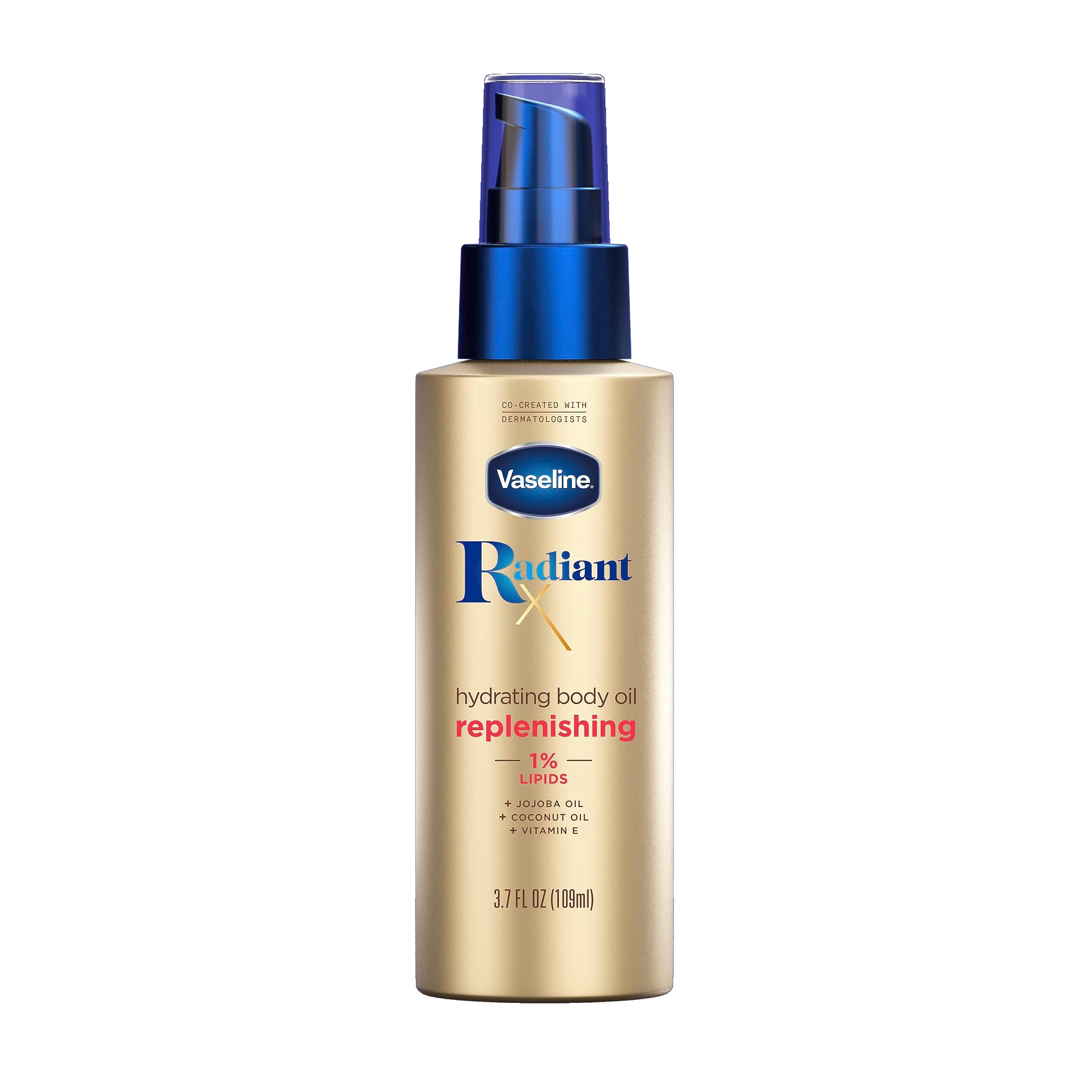 Vaseline Radiant X Replenishing Hydrating Body Oil bottle shows quick-absorbing formula for soft, radiant skin.