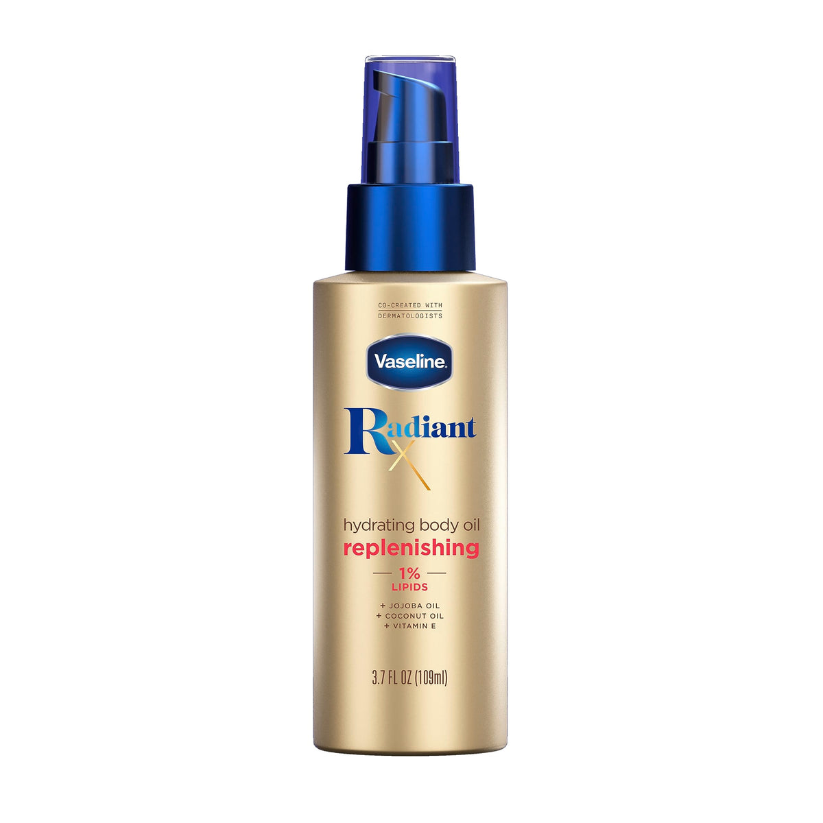 Vaseline Radiant X Replenishing Hydrating Body Oil bottle shows quick-absorbing formula for soft, radiant skin.