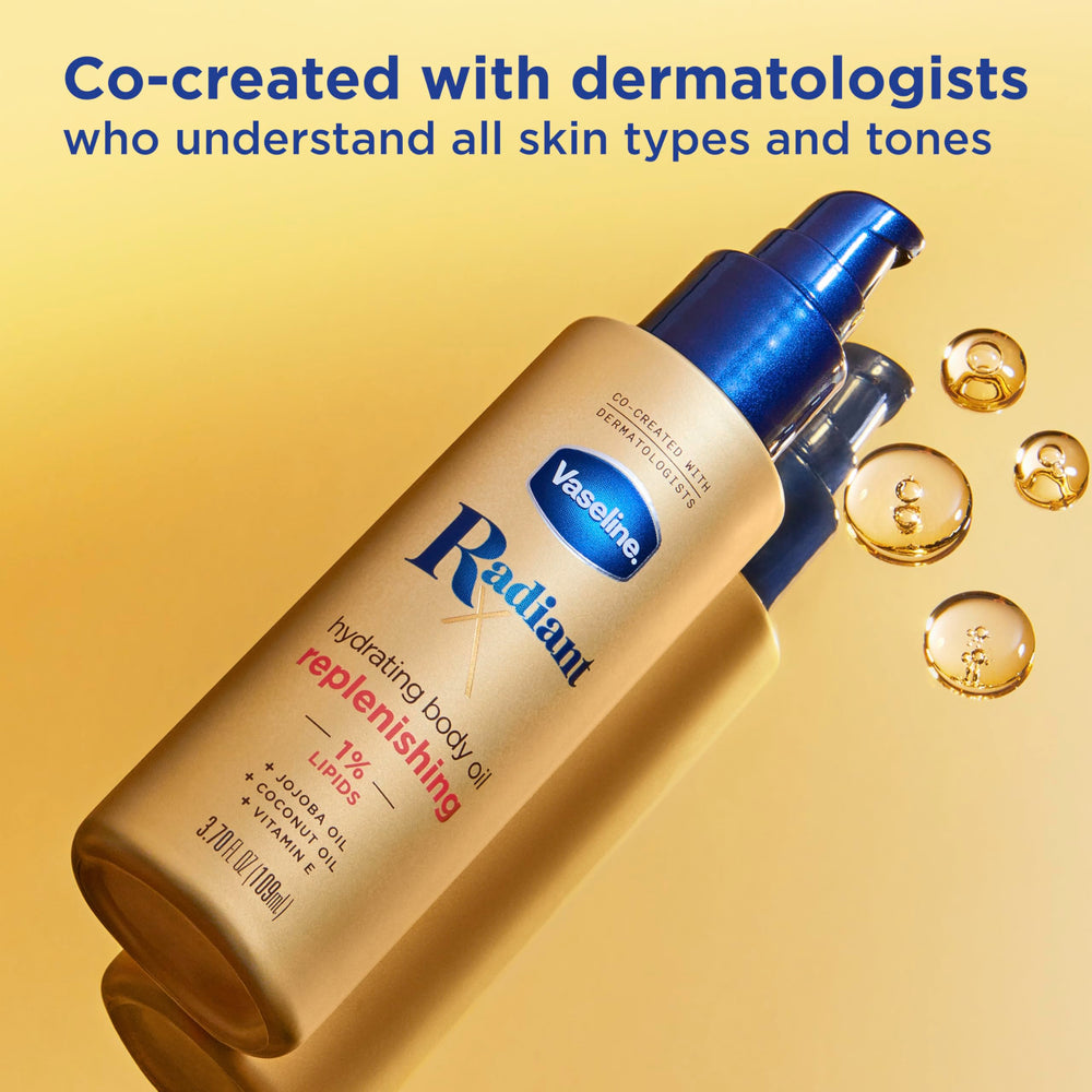 Vaseline Radiant X bottle detail highlighting a formula safe for sensitive skin.
