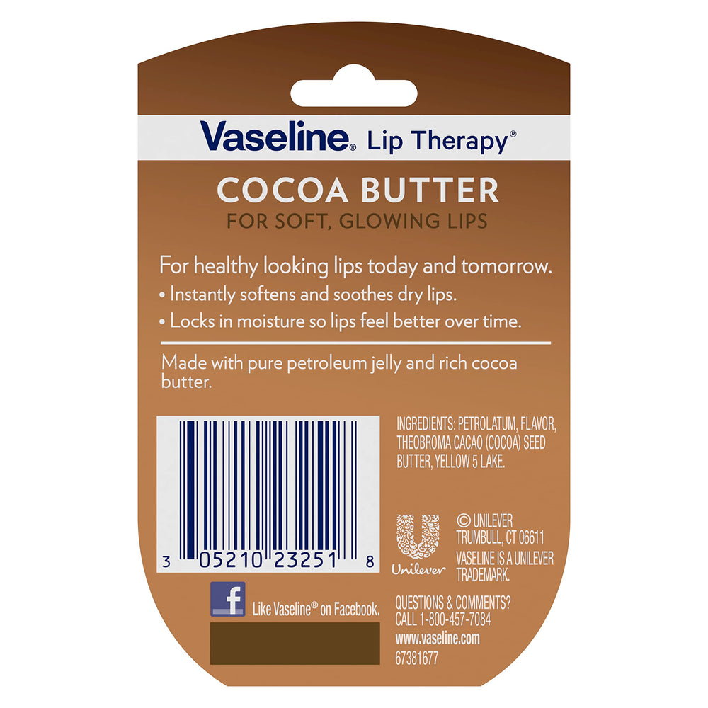 Bálsamo labial Vaseline terapia cacao manteca, aroma chocolate suave.