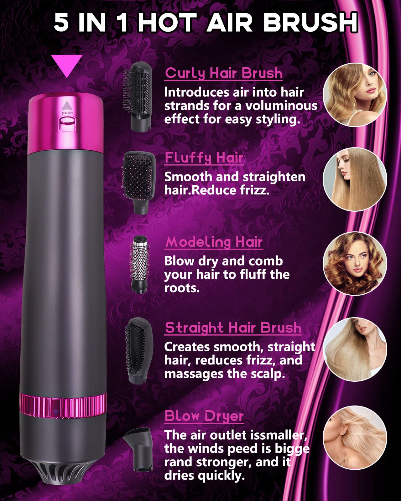 VASONNI close-up of 5-in-1 styling bristles for straight, curled, or voluminous looks.