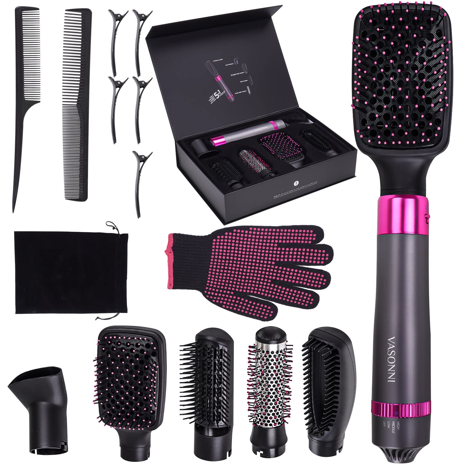 VASONNI 5 in 1 hair dryer brush front view for quick drying and smooth styling.