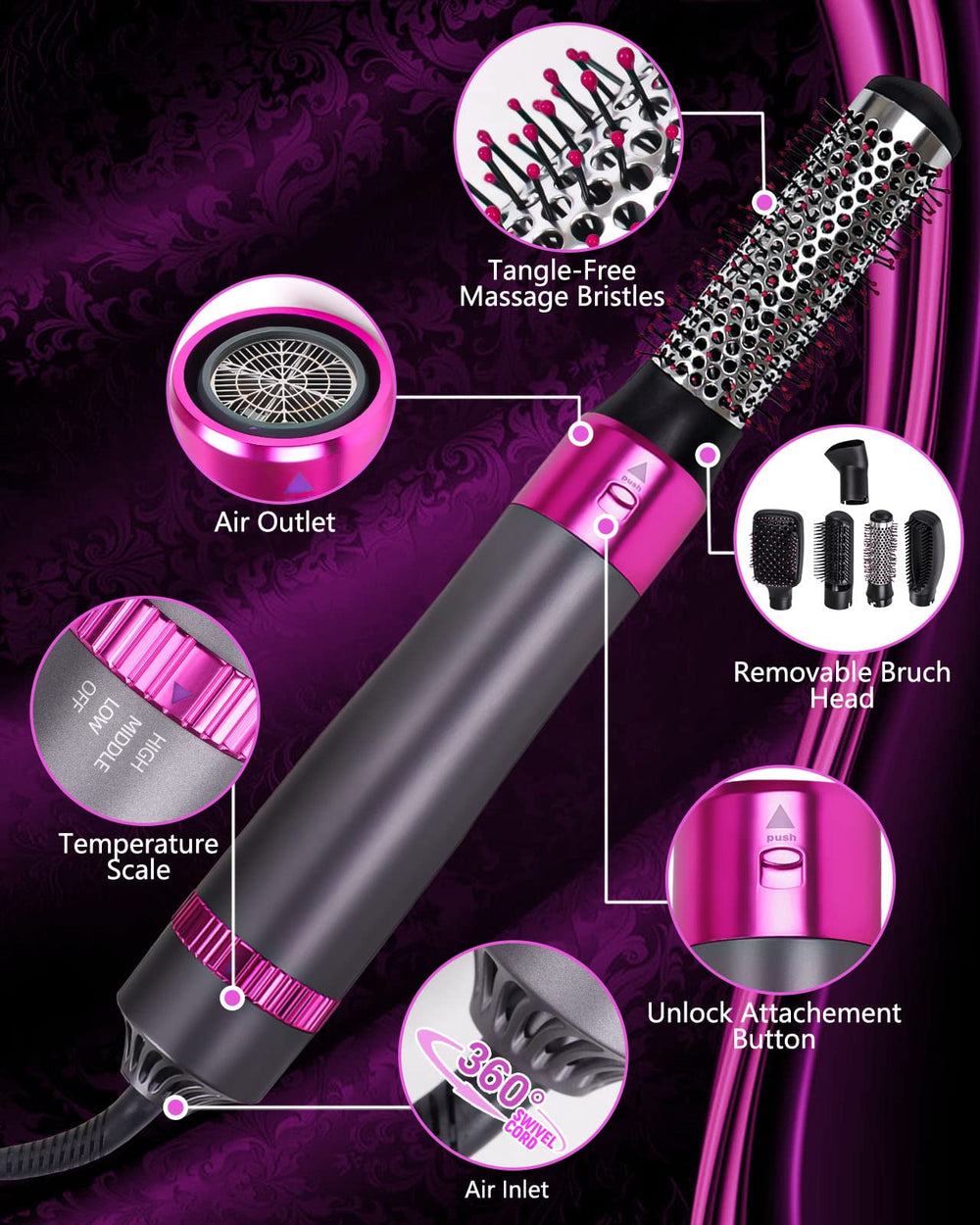 Ceramic tourmaline bristles in VASONNI for even heat distribution and hair safety.