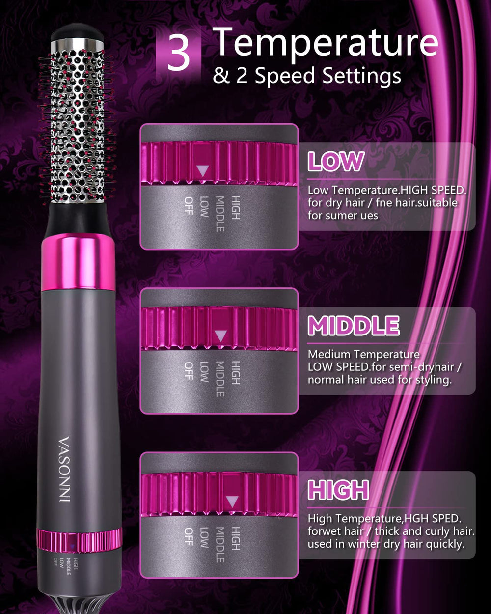 VASONNI hot air technology with negative ions to tame frizz and boost shine.