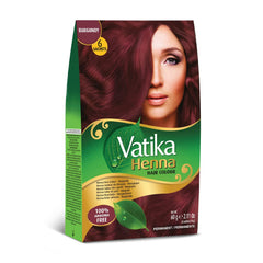Vatika Naturals Burgundy permanent dye pack with six sachets for home coloring.